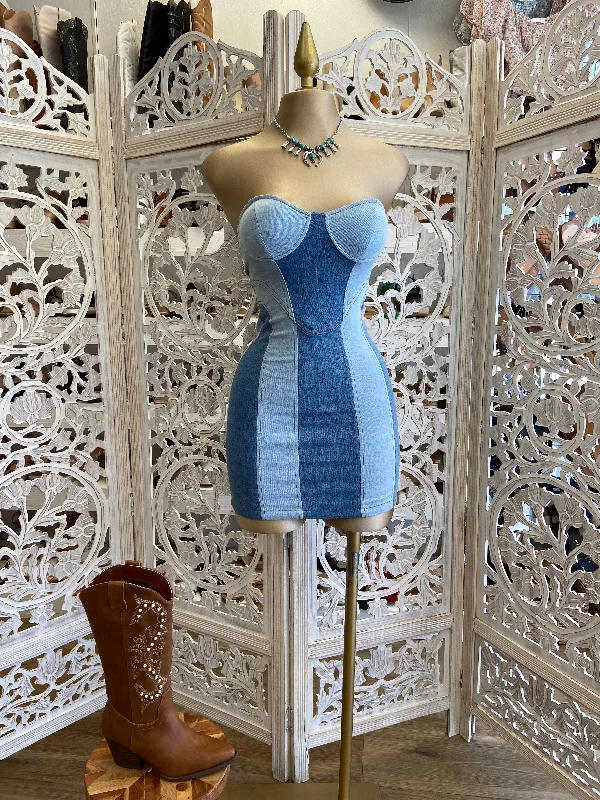 Denim Patchwork Mini Dress Trendy Button-Detail Mini Dress