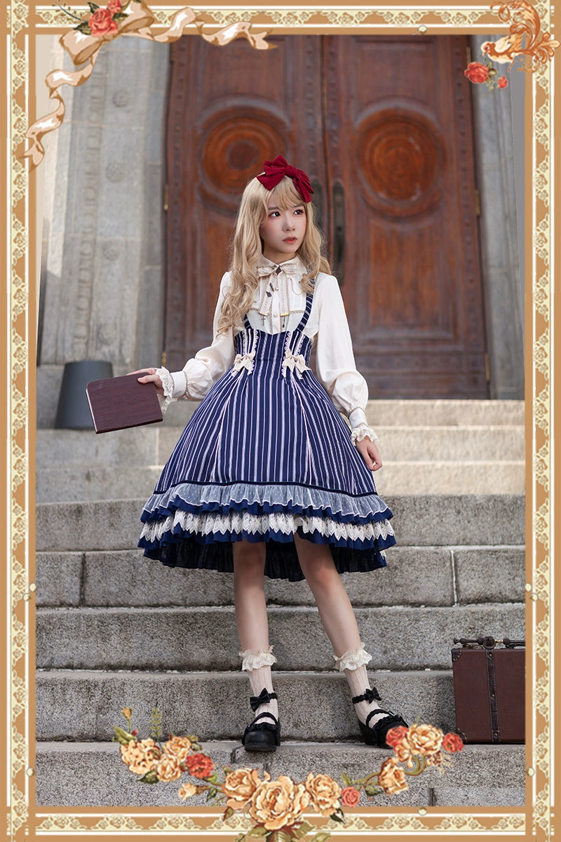 (Buy for me) Infanta~Elegant Lolita Stripe High-waist Jumper Dress Set and Cape Tunic Top Casual
