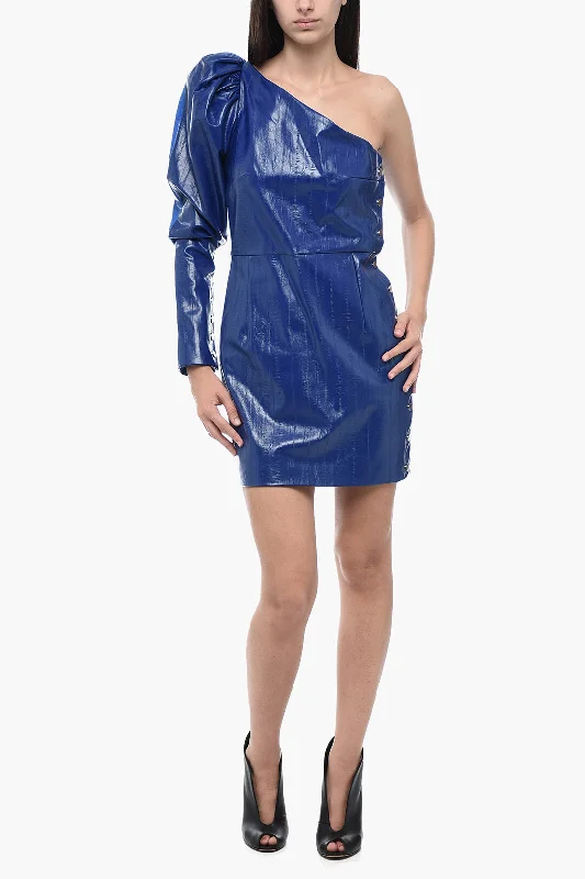 Rotate One-Shoulder Eco-Leather Sheath Dress with Snap Buttons Off-the-shoulder Chic Trendy