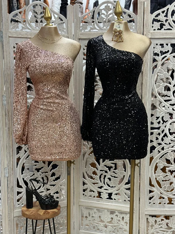 One Sleeve Sequin Mini Dress Elegant Mini Dress with Ruffles