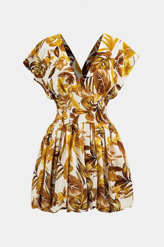 Floral Leaves Print Pleated V-Neck Puff Hem Mini Dress Fashionable Pleated Mini Dress