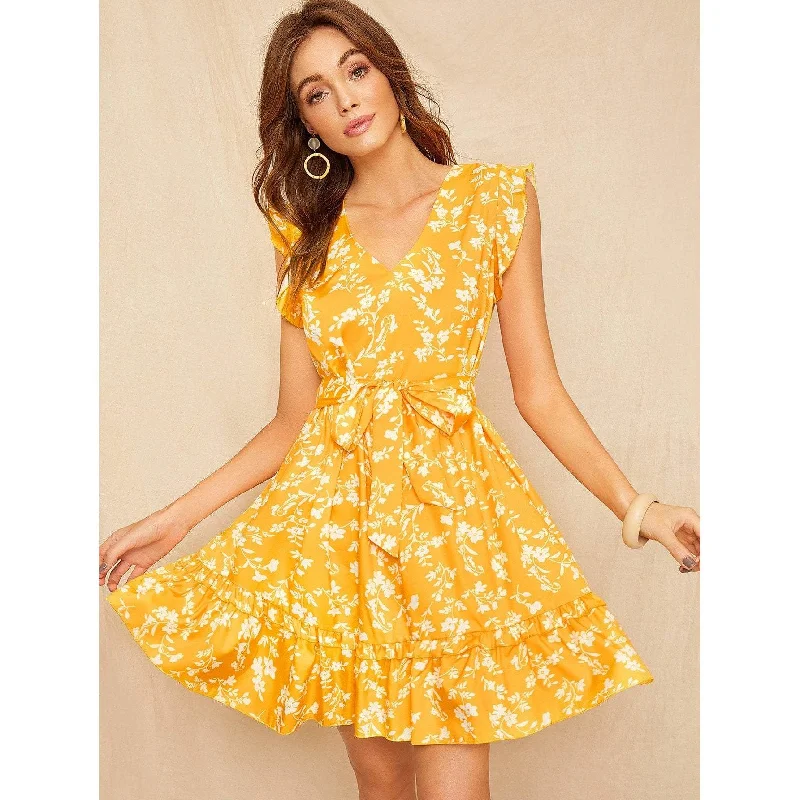 Yellow Floral Print Ruffled Mini Dress Stylish Summer Mini Dress