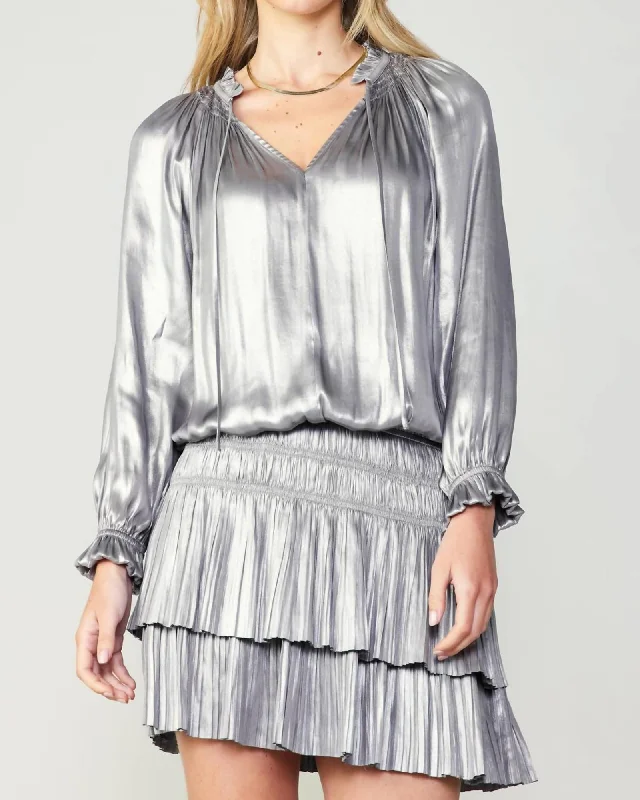 Pleated Long Sleeve Mini Dress In Silver | Silver Fashionable Lace Mini Dress