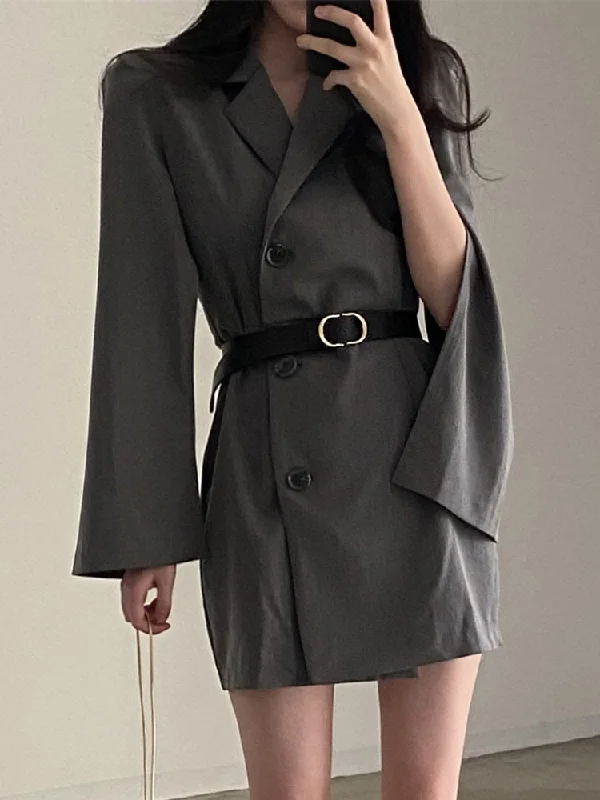 Getadme-Autumn Shawl Style Suit Dresses Women Korean Fashion Lapel Single Breasted Slim Solid Color Casual Blazer Mini Dress Office Lady Fashionable Pleated Mini Dress