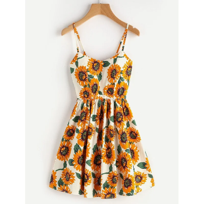 White Sunflower Print Crisscross Back Mini Dress Trendy Bodycon Mini Dress
