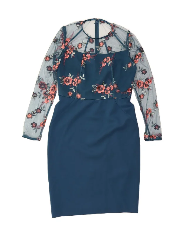 PHASE EIGHT Womens Long Sleeve Sheath Dress UK 14 Medium  Blue Floral Bodycon Club Sequined