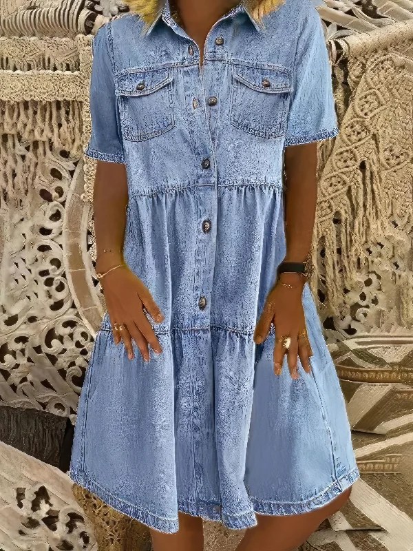 Collared Denim Mini Dress Cozy Cowl Neck Mini Dress