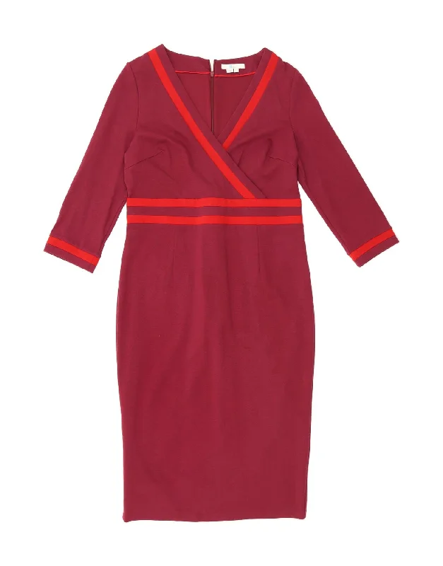 BODEN Womens 3/4 Sleeve Sheath Dress UK 16 Large Burgundy Cotton Elegant Long Evening