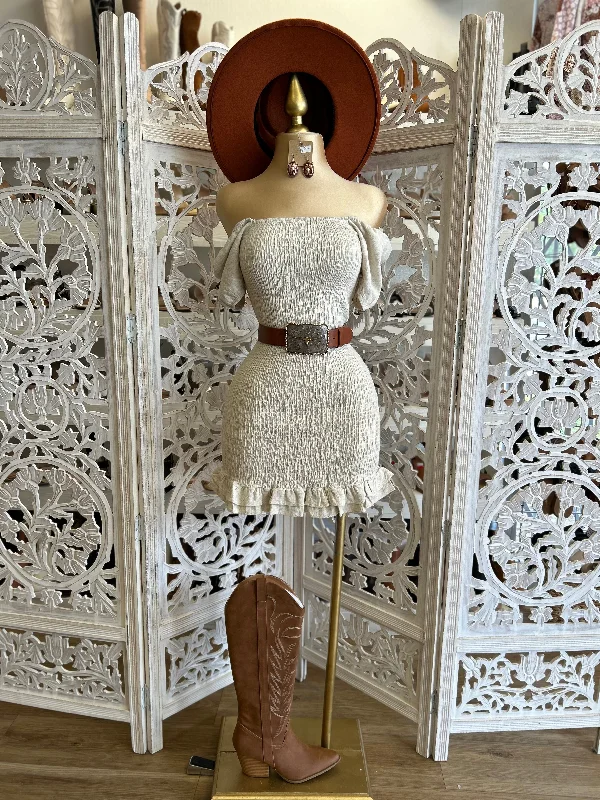Beige Smocked Mini Dress- Stretchy Fashionable Pleated Mini Dress