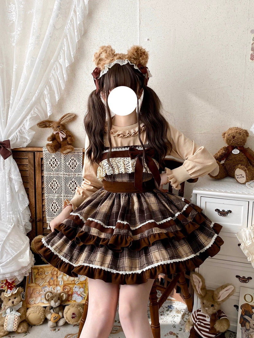 Qianmu~Caramel Cocoa~Sweet Lolita JSK Plaid Design Autumn and Winter Dress Crew Neckline Casual