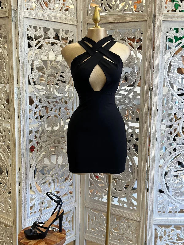Crossed Cutout Black Mini Dress Chic Puff Sleeve Mini Dress