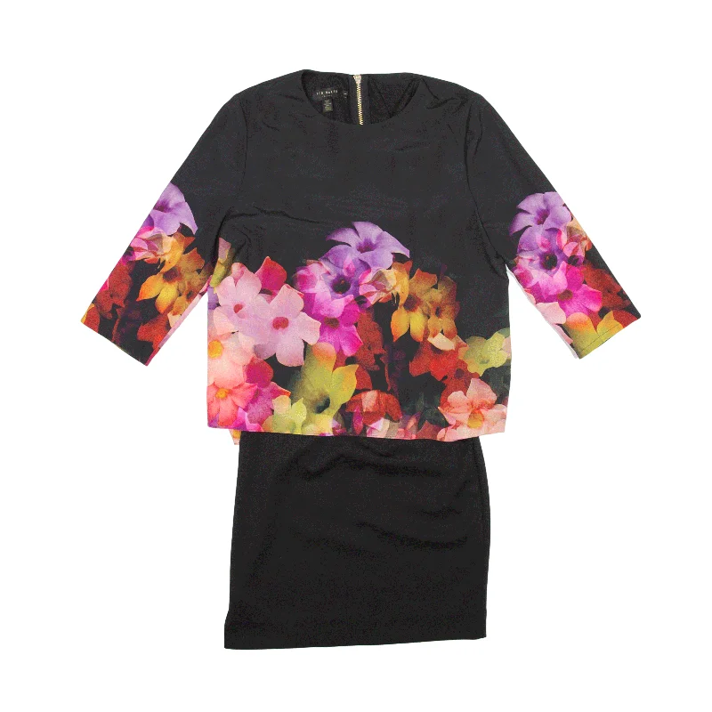 TED BAKER Pencil Dress Black Floral 3/4 Sleeve Knee Length Womens UK 10 Tunics Versatile all-occasion