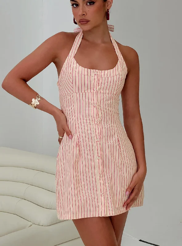 Mallorie Halter Mini Dress Pink Stripe Elegant Mini Dress with Pleats