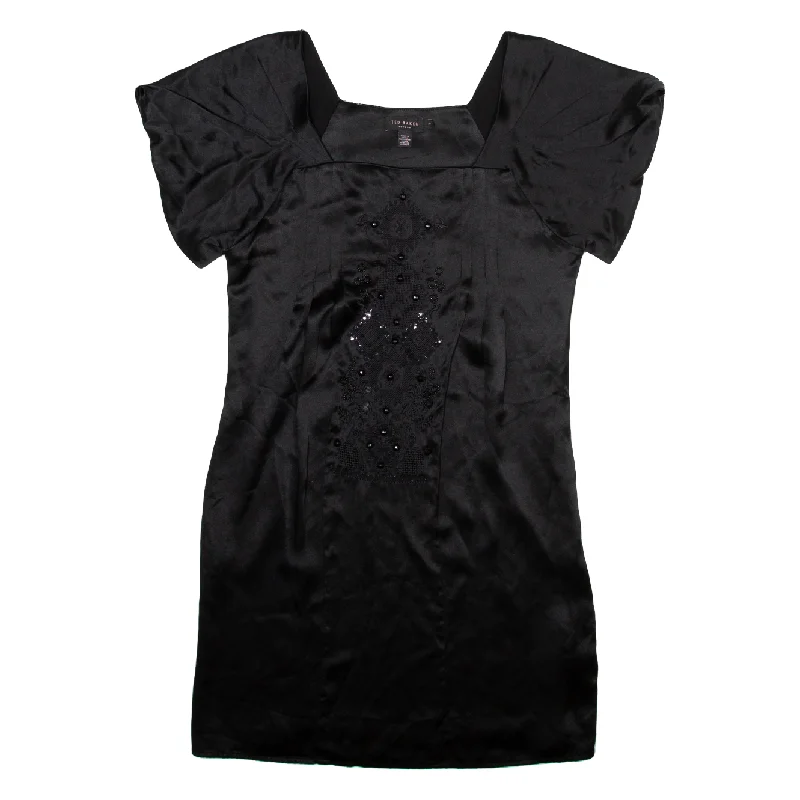 TED BAKER Shift Dress Black Satin Short Sleeve Short Womens UK 8 Square Neckline Feminine