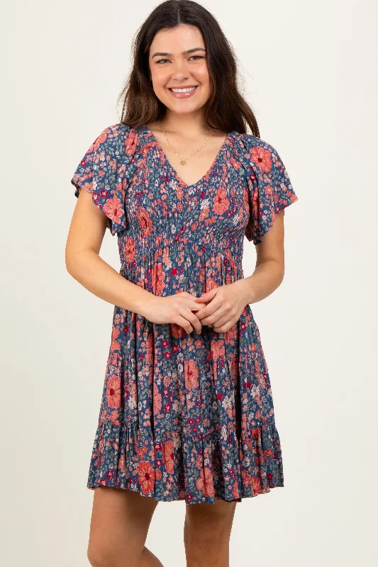 Blue Floral Smocked V-Neck Flutter Sleeve Dress Tunics Winter warm