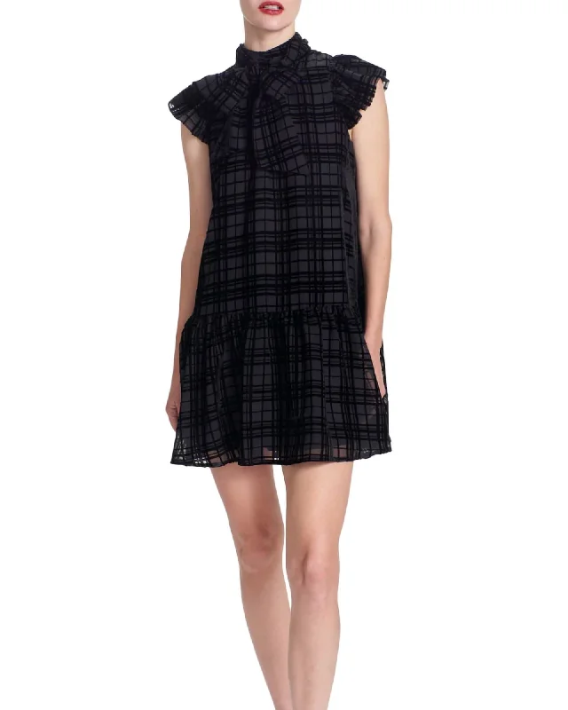 Roanne Mini Dress in Black Plaid Velvet | Black Plaid Velvet Elegant Satin Mini Dress