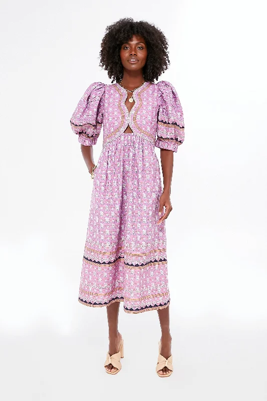 Lilac Perry Border Puff Sleeve Dress Tunics Fall fleece