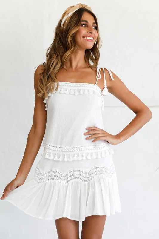 Ophira Dropped Waist Tassel Trim Shift Dress White Tunics Prom sequined