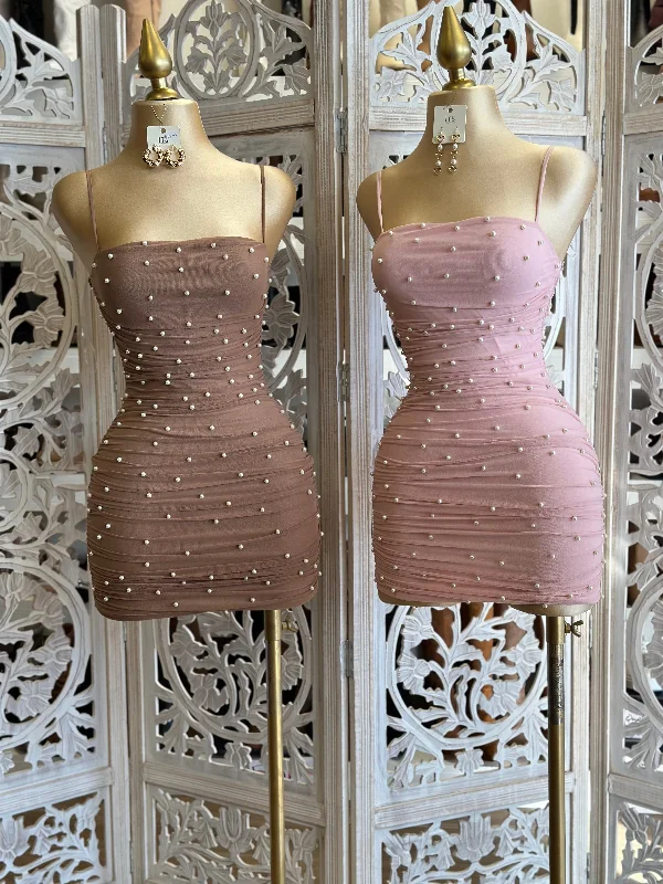 Pearl Ruched Mini Dress-Slightly Stretchy Cozy Cotton Mini Dress