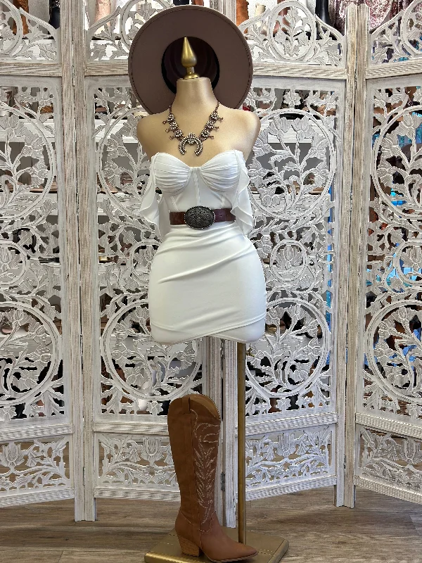 White Corset Off Shoulder Mini Dress- Stretchy Fashionable Mini Dress with Pockets