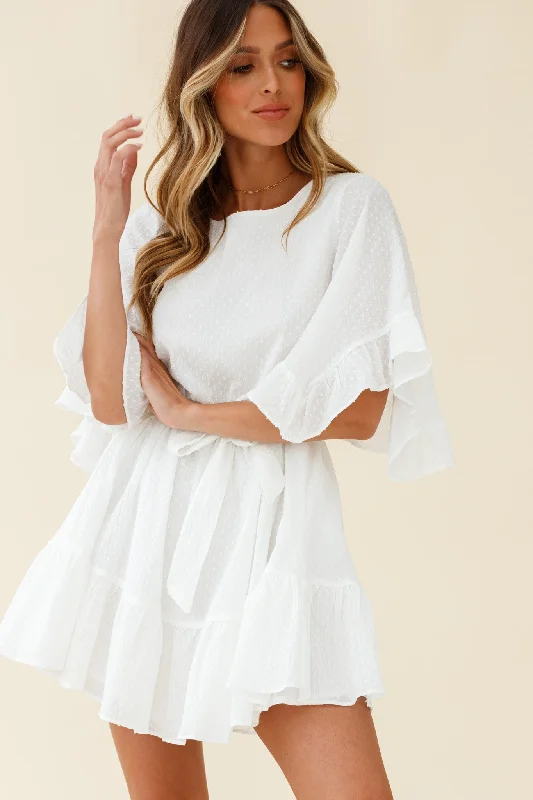 Joni Batwing Sleeve Waist Tie Dress White Tunics Velvet soft