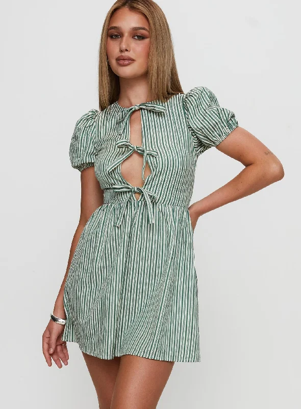 Nurture Bow Mini Dress Green Stripe Comfortable Casual Mini Dress