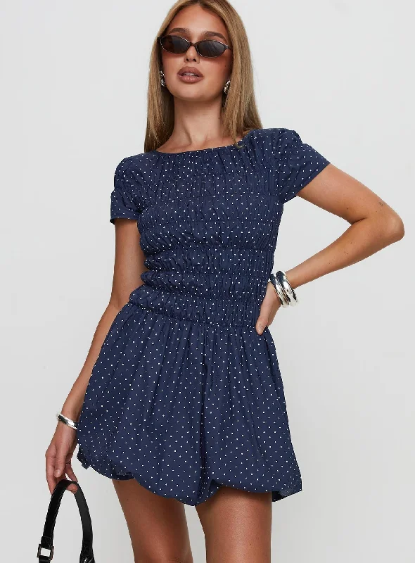 Kennedia Shirred Bubble Hem Mini Dress Navy Comfortable Polka Dot Mini Dress