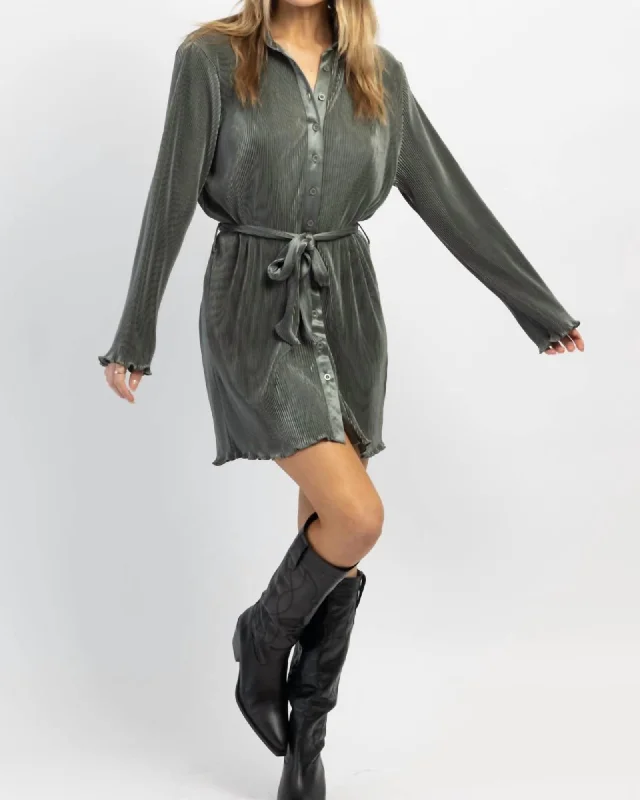 Disco Belt Plisse Mini Dress In Olive | Olive Fashionable Pleated Mini Dress