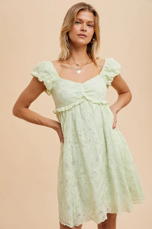 Mint Green Floral Lace Embroidered Puff Sleeve Dress Tunics Silk luxurious