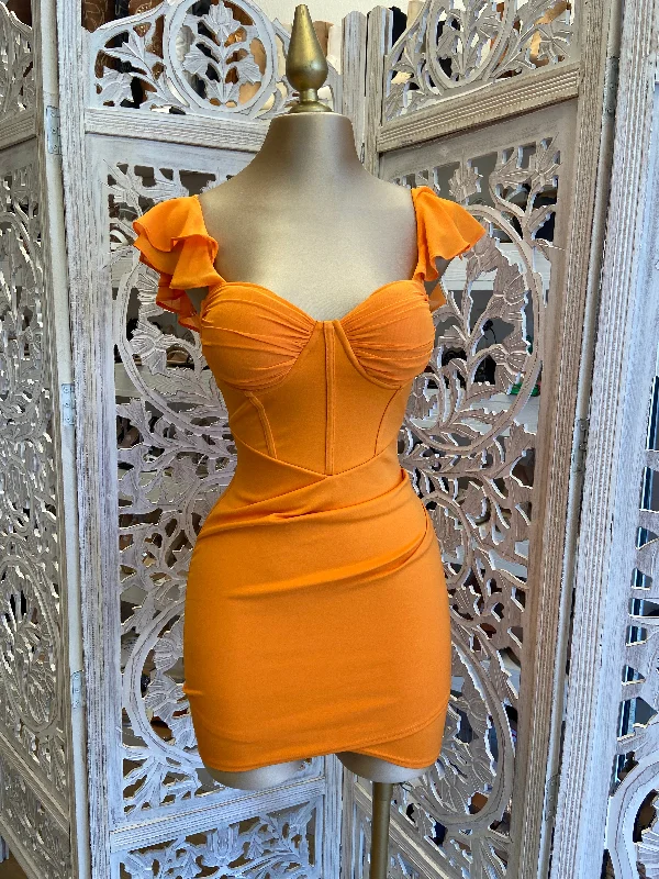 Orange Ruffle Sleeve Mini Dress Stylish Button-Down Mini Dress