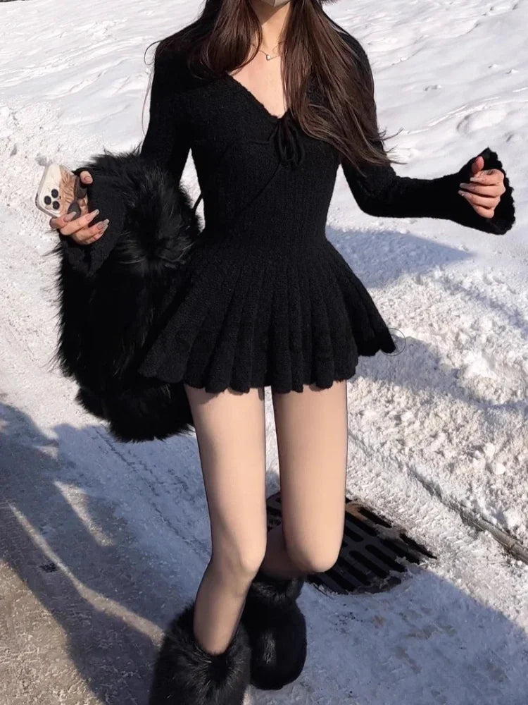 Getadme Winter Korean Style Sexy Knit New One Piece Dress Women V Neck Vintage Elegant Mini Dress Female Ball Gown Designer Clothes Chic Tropical Mini Dress