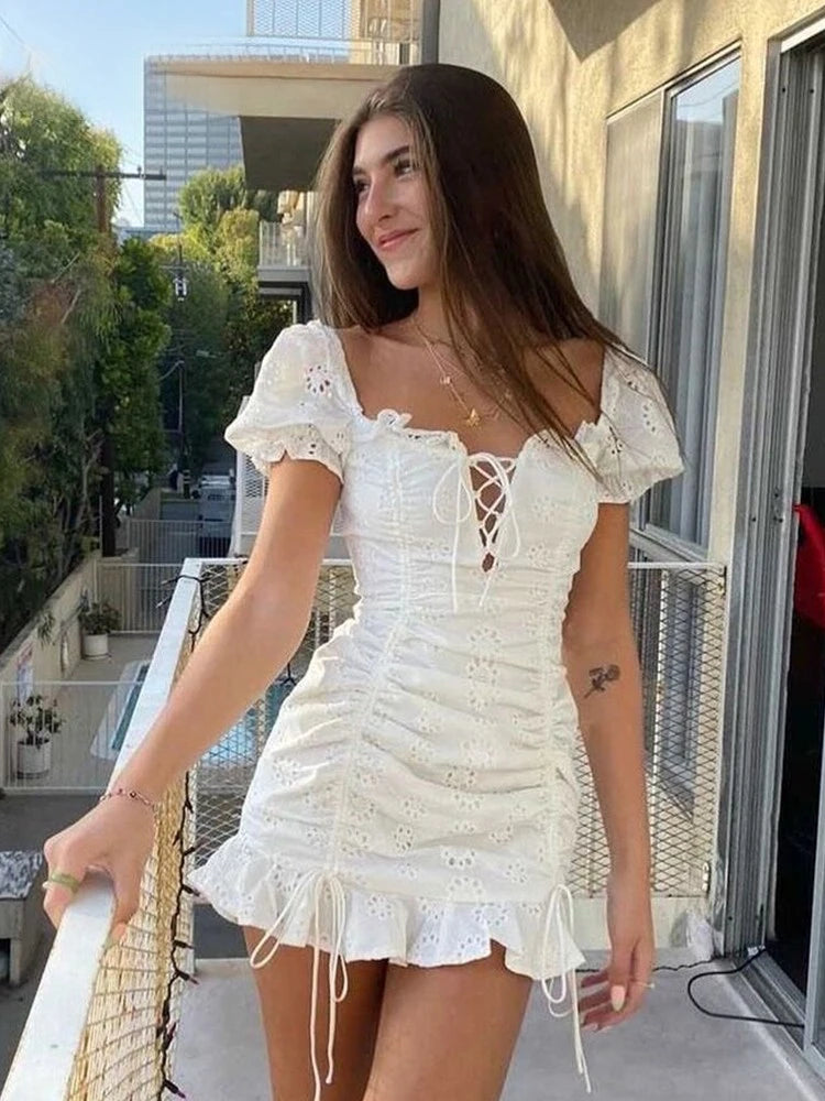 Lace Up Embriodery White Summer Dress Women Hollow Out Beach Short Dress Puff Sleeve Ruffle Ruched Bodycon Mini Dress Vestidos Cozy Ruched Mini Dress