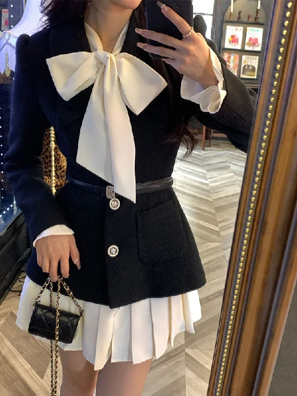 Getadme Black Elegant Party Mini Dress Women Winter Bow Sweet Korean Style Pleated Dresses France Vintage Two-piece Dress and Coat Classic Black Mini Dress
