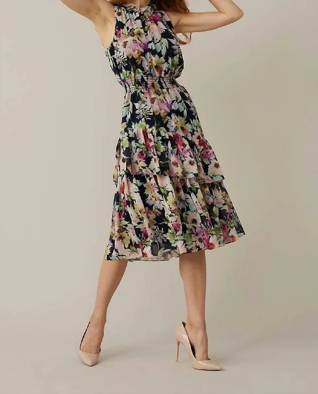 Floral Halter Dress In Midnight Blue/Multi Boatneck Modish Everyday