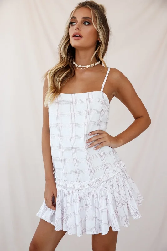 Zelda Dropped Waist Shift Dress Plaid Print White Tunics Silk luxurious