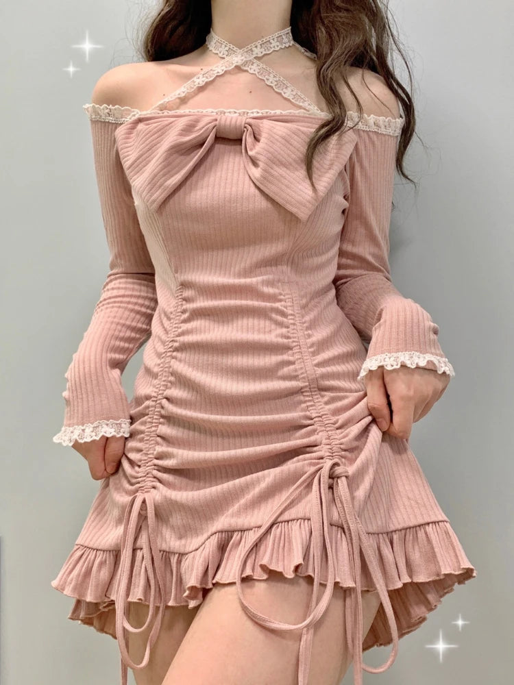 Korean Style Party Mini Dresses Women Japanese Off Shoulder Sexy Kawaii Dress Female Long Sleeve Lace Kawaii Lolita Dress Autumn Trendy Floral Mini Dress