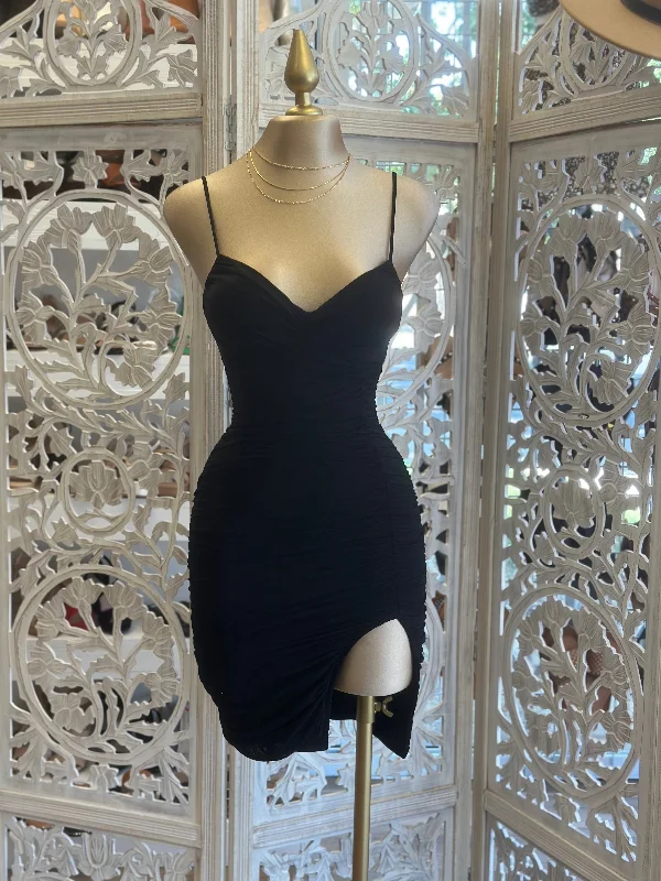Black Slit Mini Dress Comfortable Boho Mini Dress