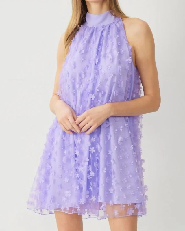 3D Floral Mini Dress In Lavender | Lavender Chic Pleated Mini Dress
