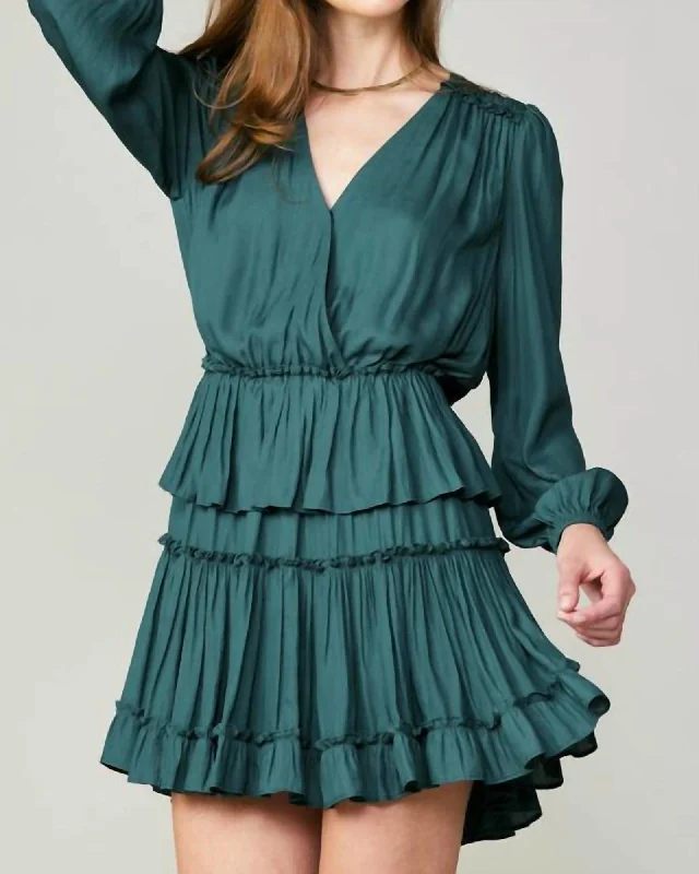 Long Sleeve Tiered Mini Dress In Dark Teal | Dark Teal Chic Sleeveless Mini Dress