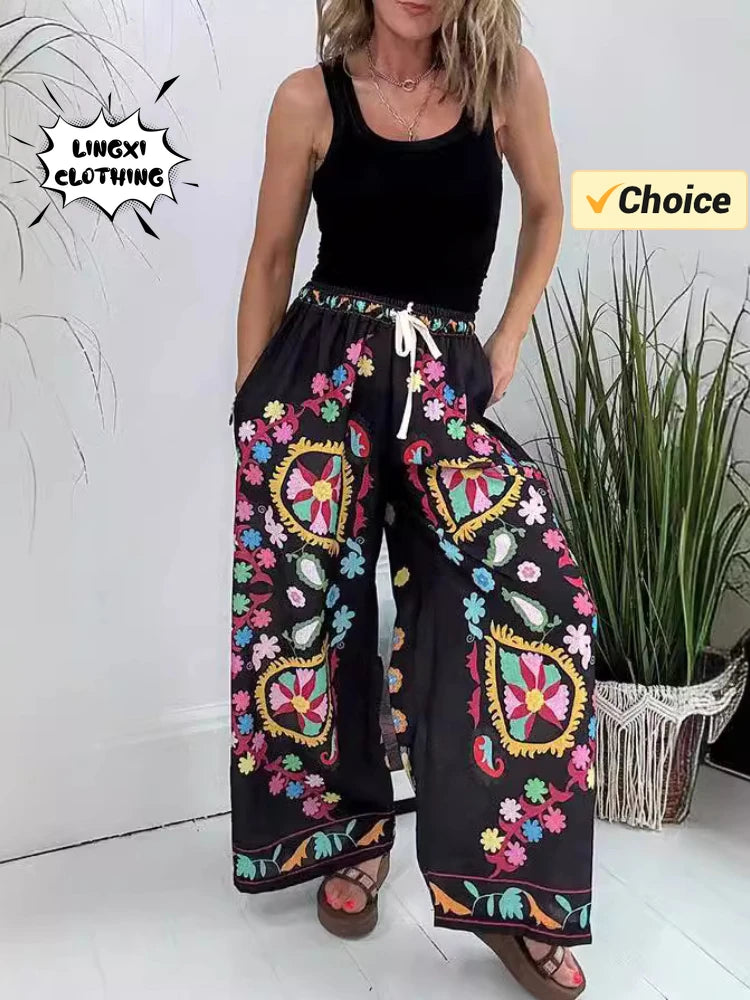 2024 Summer Fashion New Elegant Women's Street Style Wide Leg Pants Elastic Waist Printed Commuter Casual Pants Warm Wool Trousers