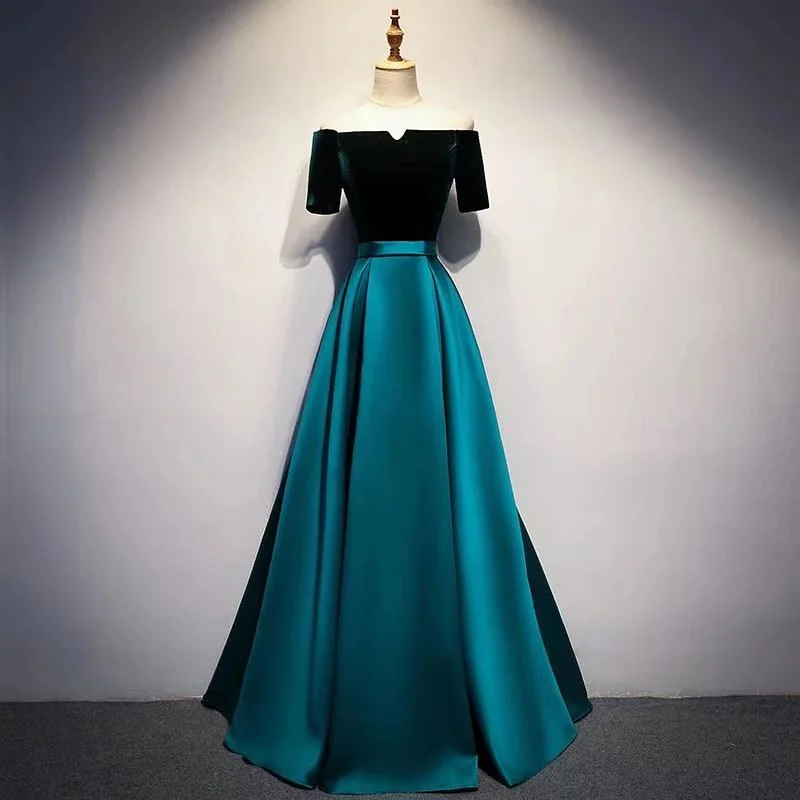 Green party dress ,off shoulder evening dress ,satin long formal dress Tunics Travel practical