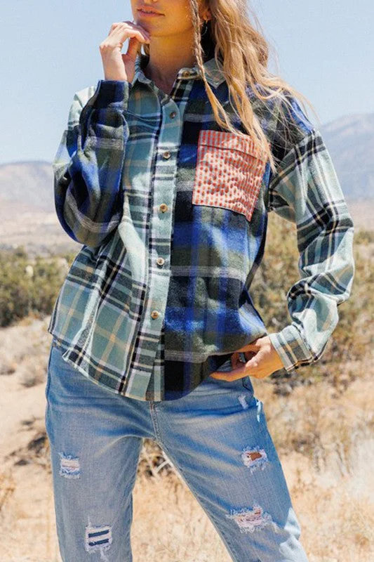 MIX PLAID BUTTON-DOWN SHIRT JACKET Tiered Jacket Buttoned Jacket Zippered Jacket