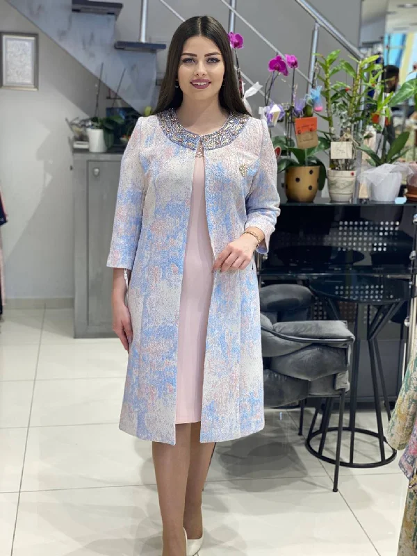 Plus-Size Pink Dress & Floral Jacquard jacket With Diamante Details Hoodie Zip-Up Jacket Button-Up Jacket