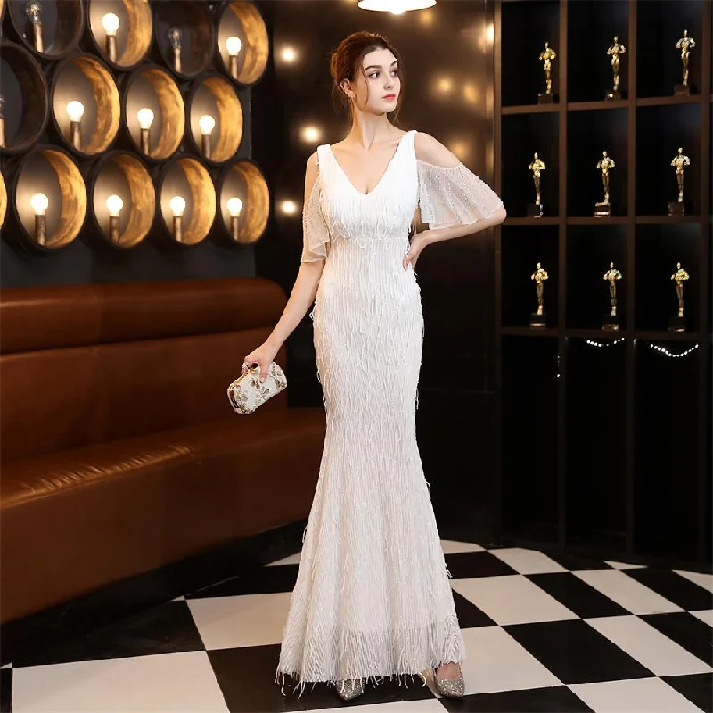 Polyester Thread Tassel Beaded Mermaid Elegant Formal Party Dress Ruffle Sleeve Dubble-V-neck Robe De Soriee Floor Length Gowns Tunics Chinos classic