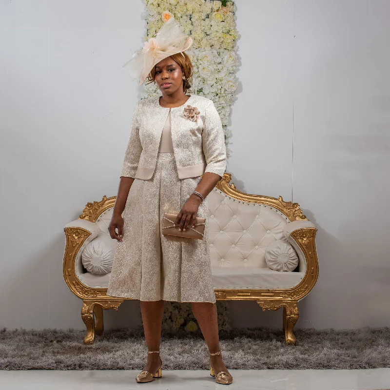 Stunning Gold Pleated Midi Dress and Jacket Set for Weddings Zip Front Button Front Snap Front