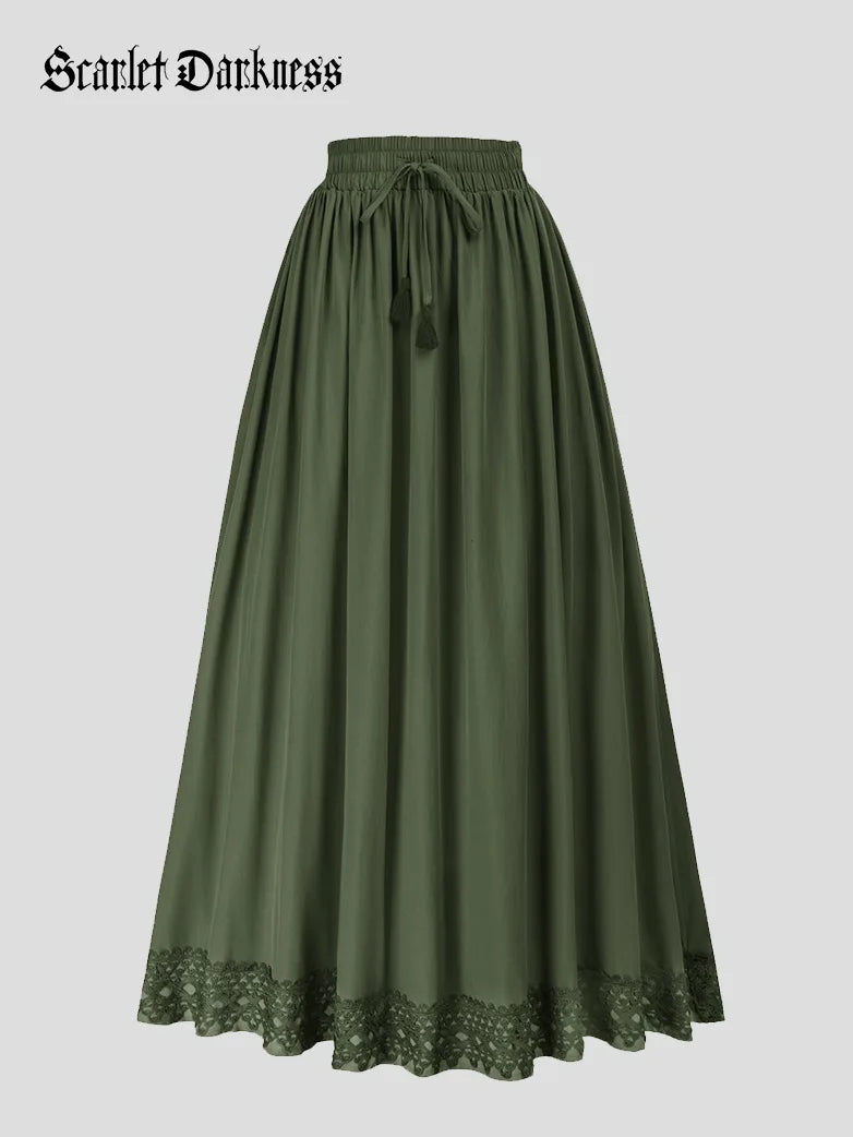 Women Drawstring Lace Hem Swing Maxi Skirt with Pocket cashmere skirt fine