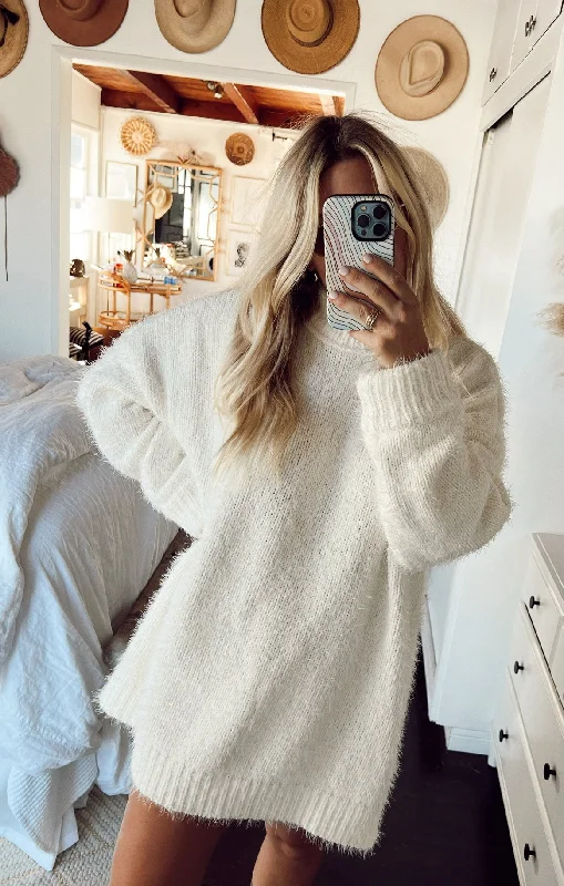 Timmy Tunic Sweater ~ Cream Knit Front Pockets Side Pockets Patch Pockets