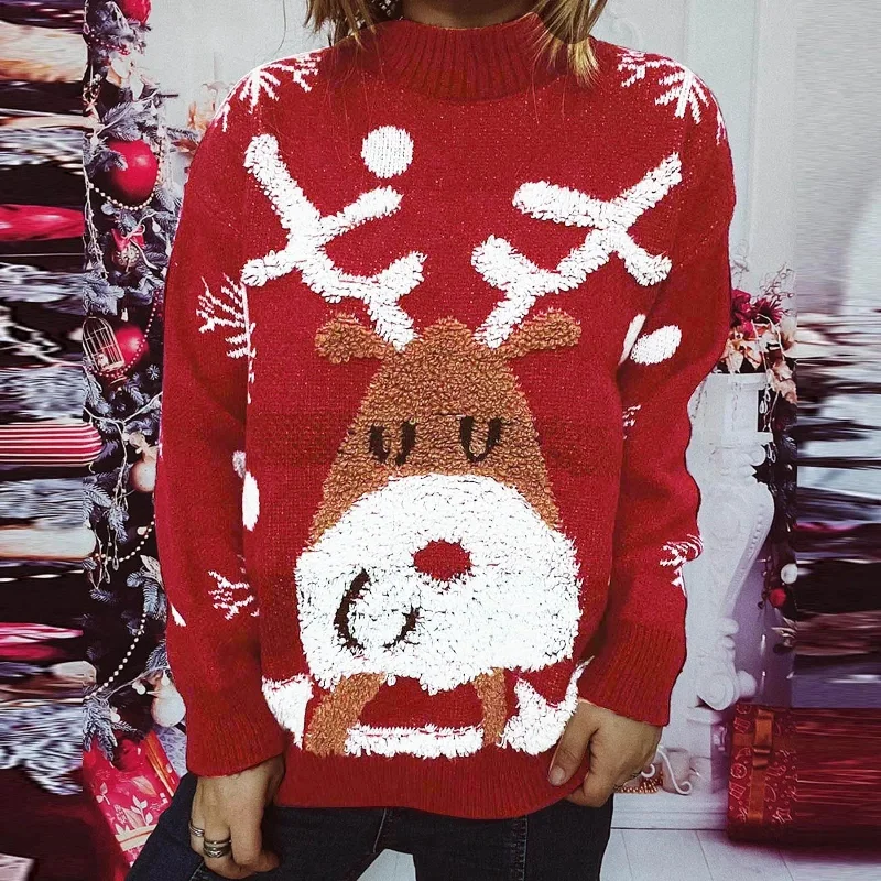 Pink Christmas Sweater with Loose Neck and Love Heart Pattern Denim Fabric Leather Fabric Suede Fabric