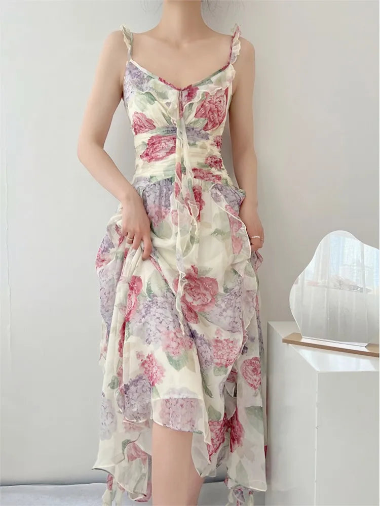 LIZAKOSHT -  Fench Elegant Flora Print V-Neck Female Evening Party Dress Summer Vintage Spaghetti Strap Off Shoulder Clothes Vestidos Mujer Tunics Review highly