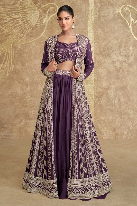 Chinon Silk Fabric Purple Color Beatific Readymade Lehenga With Jacket Tailored Jacket Straight Jacket A-Line Jacket